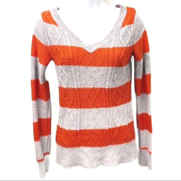 SO Cable Knit Orange Gray Striped V Neck Sweater Size Large - Picture 1 of 4